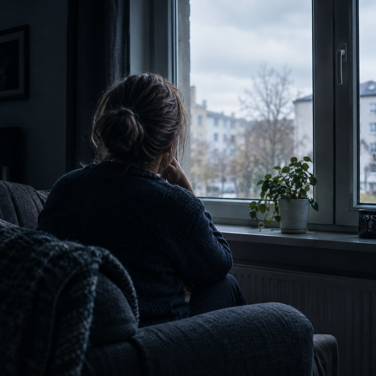 Eine Frau sitzt nachdenklich am Fenster ihrer Wohnung