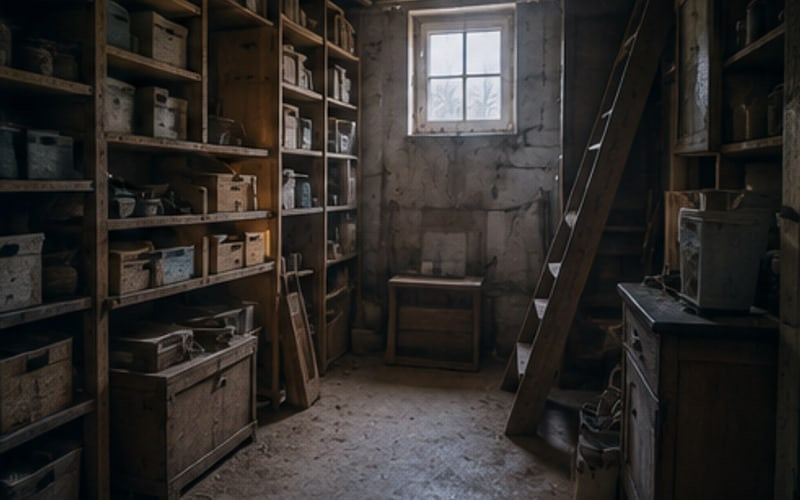 Kellerraum mit Regalen, Kisten und schmaler Treppe