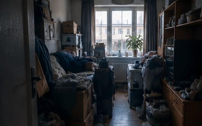 Zimmer, das mit Säcken und Gegenständen zugestellt ist