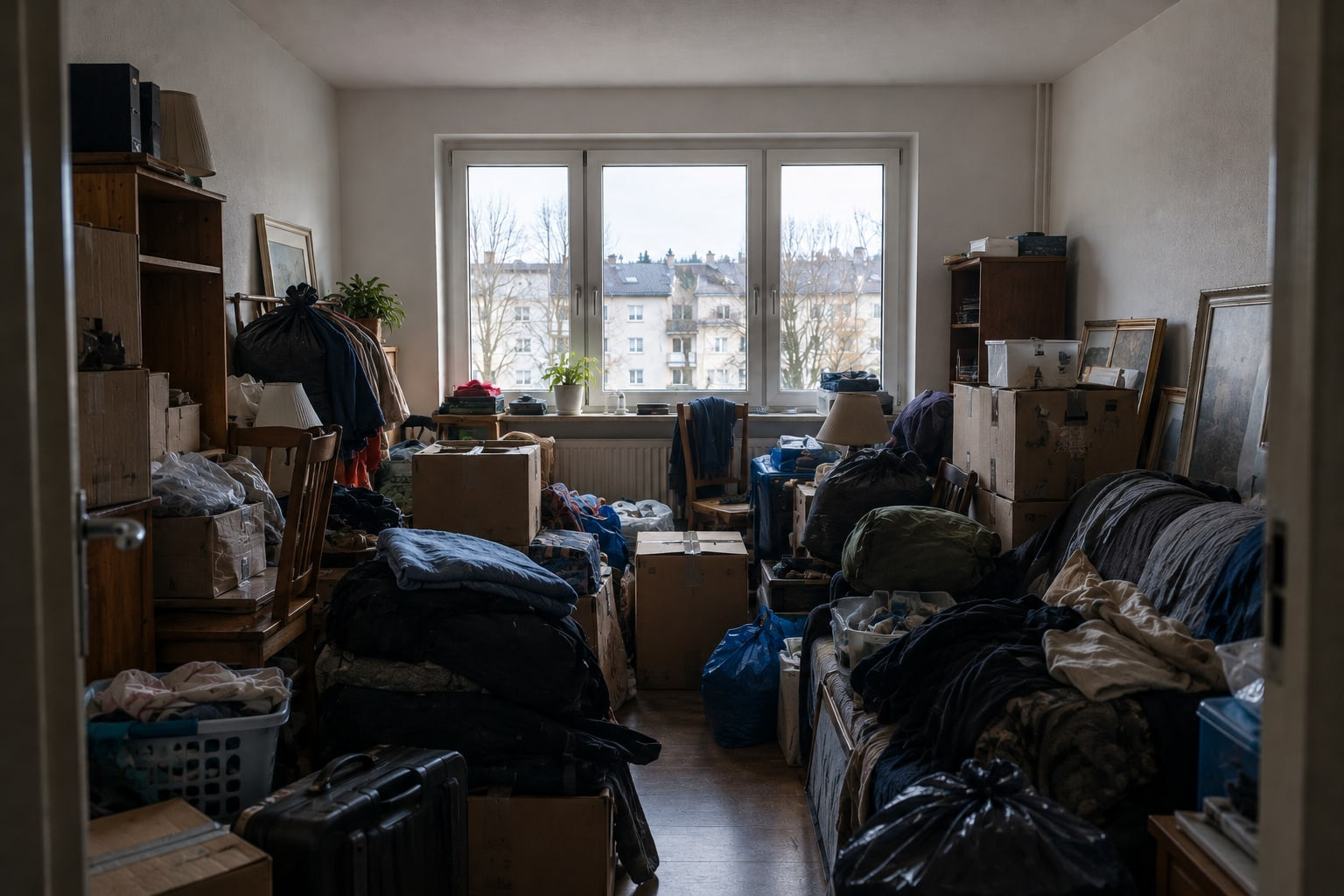 Wohnzimmer vor der Räumung: Kartons, Säcke und Möbel füllen den Raum