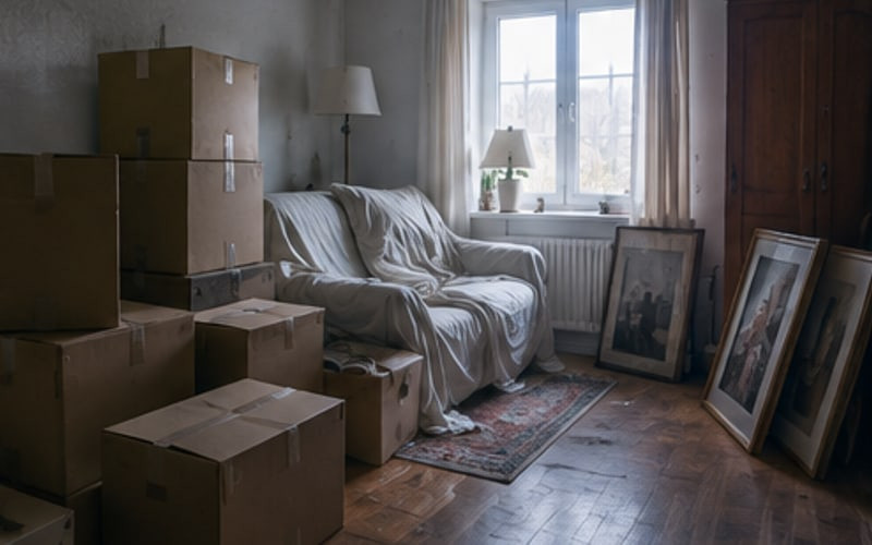 Zimmer mit Umzugskartons und abgedeckten Möbeln vor einer Wohnungsauflösung